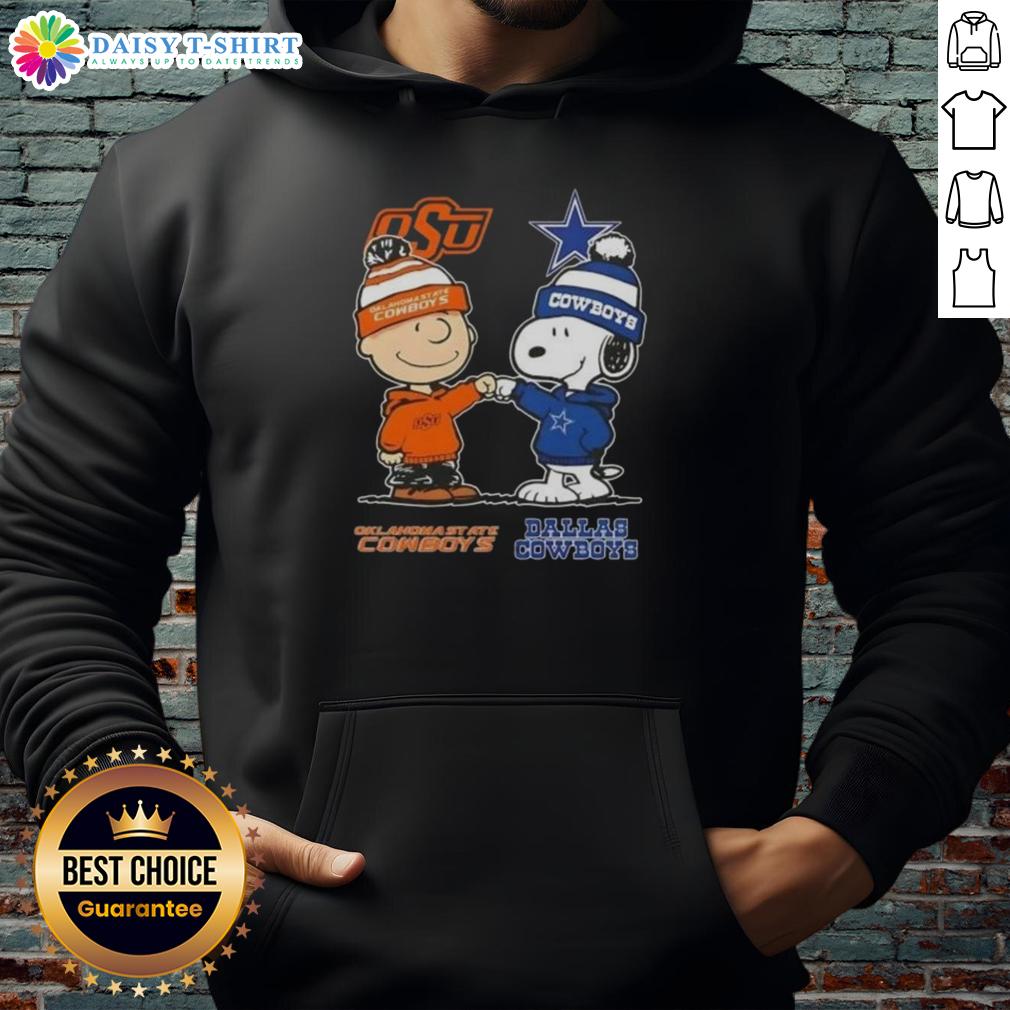 Alt Text: Hot Snoopy and Charlie Brown hoodie featuring Oklahoma State Cowboys and Dallas Cowboys logos, perfect for fans.