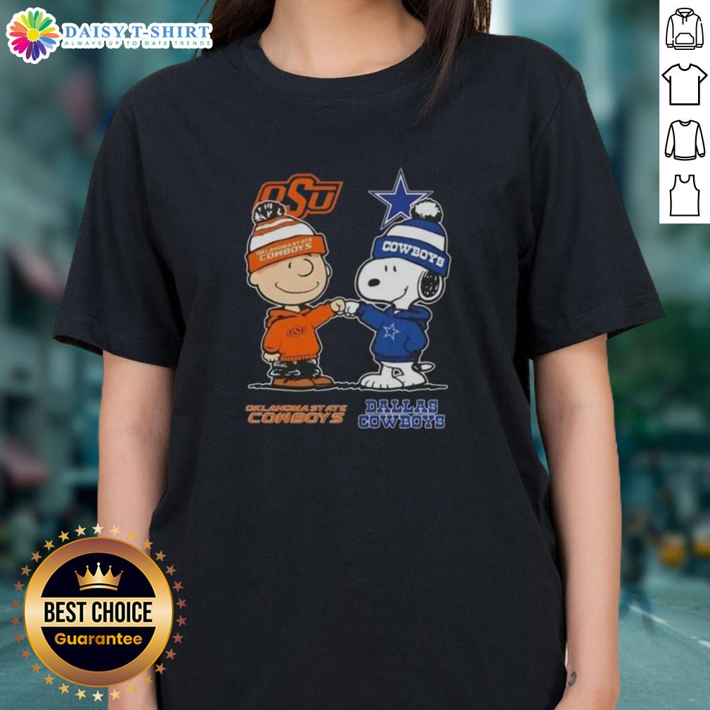 Hot Snoopy and Charlie Brown Oklahoma State Cowboys x Dallas Cowboys ladies tee featuring vibrant graphics and team logos.