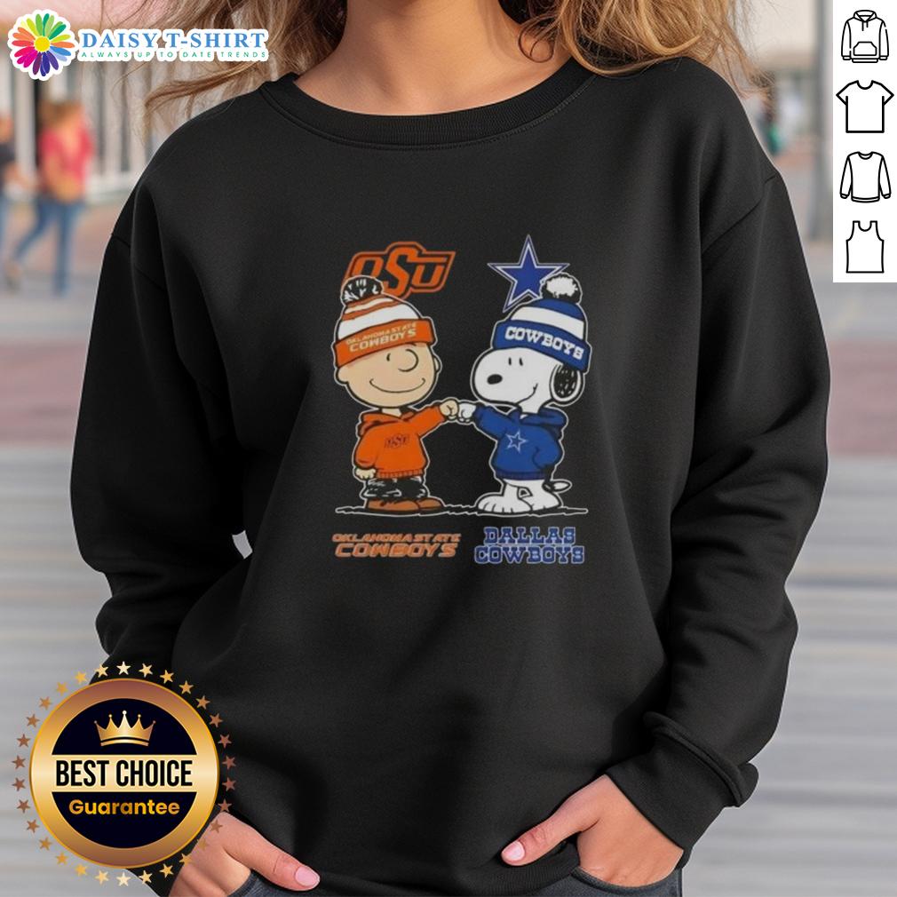 Alt Text: Hot Snoopy and Charlie Brown Oklahoma State Cowboys x Dallas Cowboys sweatshirt featuring vibrant graphics.