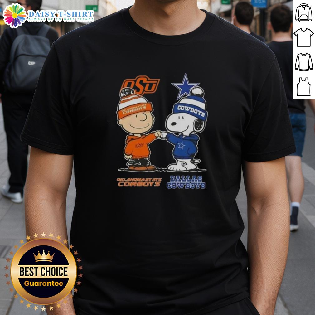Alt Text: Hot Snoopy and Charlie Brown Oklahoma State Cowboys x Dallas Cowboys T-shirt featuring playful cartoon design.
