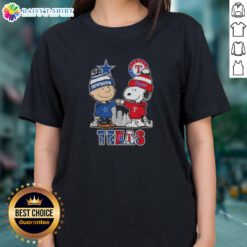 Hot Snoopy and Charlie Brown Texas sports tee featuring Cowboys, Rangers, and skyline design for ladies.