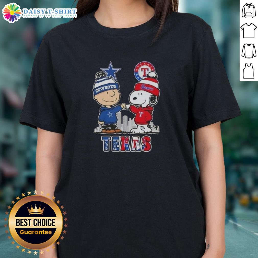 Hot Snoopy and Charlie Brown Texas sports tee featuring Cowboys, Rangers, and skyline design for ladies.