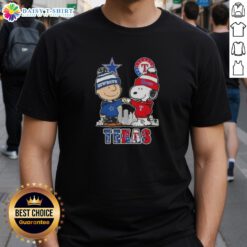 Hot Snoopy and Charlie Brown Texas Sports Cowboys X Rangers Skyline T-Shirt featuring iconic cartoon characters and Texas skyline.
