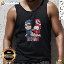 Hot Snoopy and Charlie Brown Texas sports tank top featuring Cowboys and Rangers skyline design for casual fans.