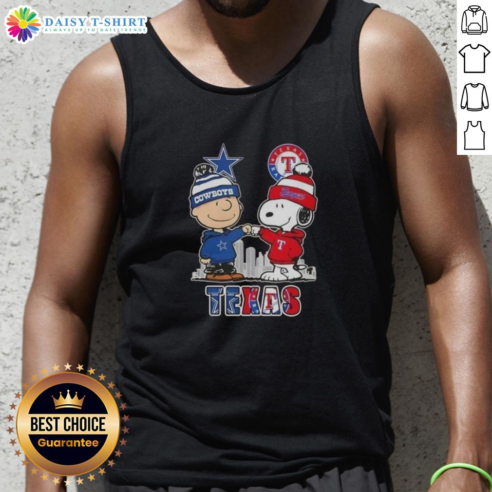 Hot Snoopy and Charlie Brown Texas sports tank top featuring Cowboys and Rangers skyline design for casual fans.