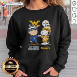 Hot Snoopy and Charlie Brown sweatshirt featuring West Virginia Mountaineers and Pittsburgh Steelers logos.