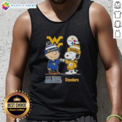 Hot Snoopy and Charlie Brown tank top featuring West Virginia Mountaineers and Pittsburgh Steelers logos.