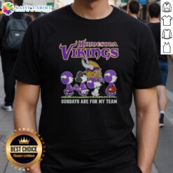 Hot Snoopy and Friends Minnesota Vikings Football Sundays T-Shirt design featuring cartoon characters in team colors.