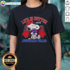 Alt Text: Hot Snoopy Buffalo Bills NFL ladies tee, perfect for showing support for Bills Mafia and celebrating team spirit.