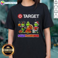 Hot Target X Grinch cosplay tee for ladies celebrating Happy HalloThanksMas with festive design and vibrant colors.