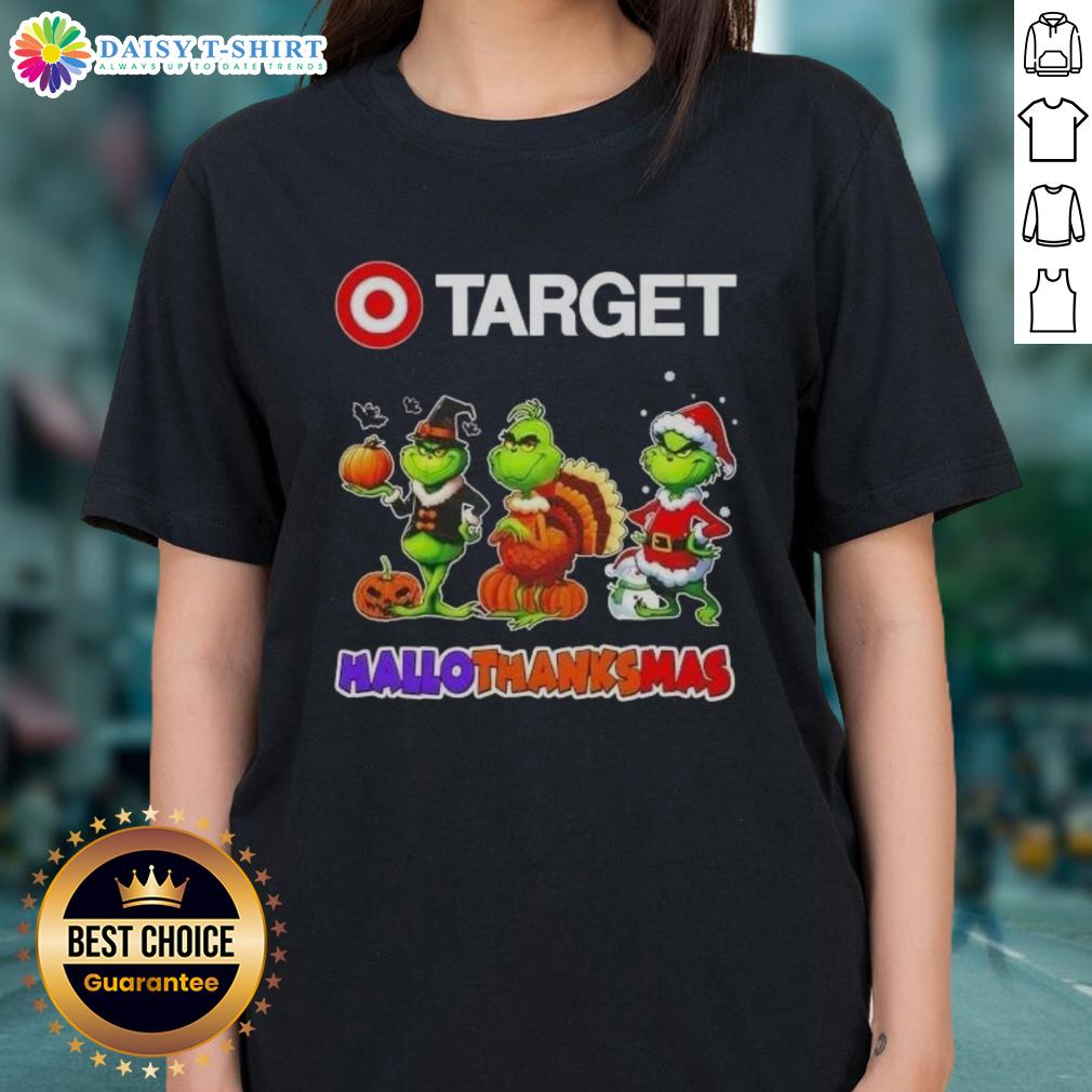 Hot Target X Grinch cosplay tee for ladies celebrating Happy HalloThanksMas with festive design and vibrant colors.
