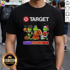 Hot Target X Grinch cosplay Happy Hallothanksmas T-Shirt featuring festive design and vibrant colors for holiday celebrations.