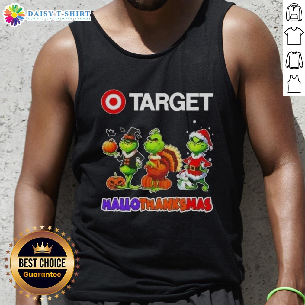 Hot Target X Grinch cosplay tank top for Happy HalloThanksMas featuring festive design and vibrant colors.