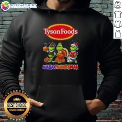 Hot Tyson Foods X Grinch Cosplay Happy HalloThanksMas Hoodie featuring festive design and vibrant colors.