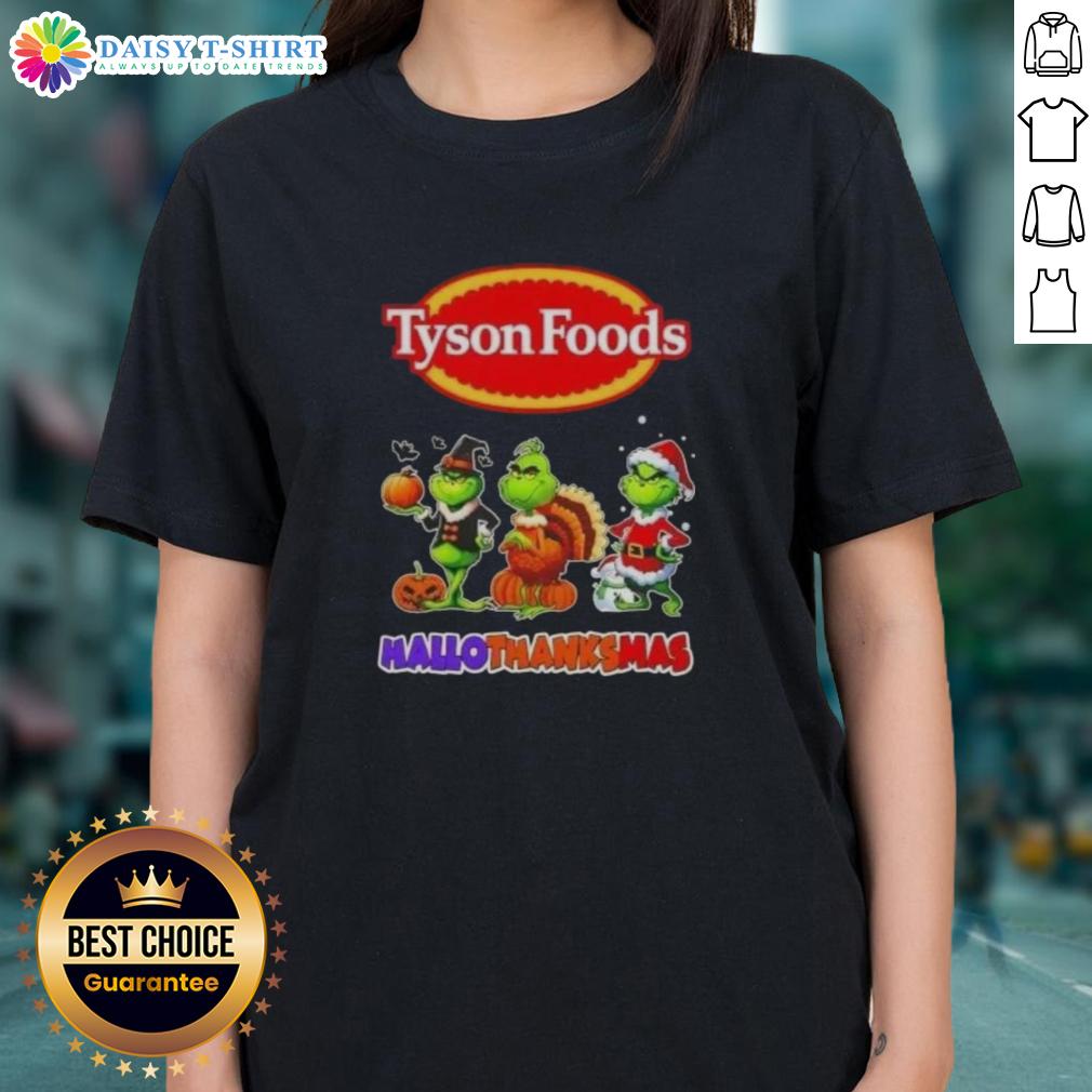Hot Tyson Foods x Grinch cosplay tee for ladies celebrating Happy HalloThanksMas with festive design.