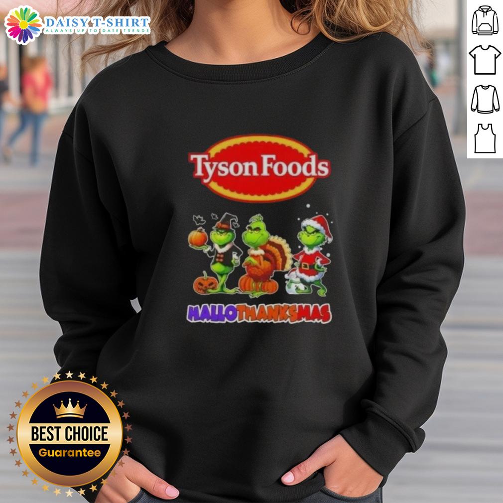 Hot Tyson Foods X Grinch cosplay sweatshirt for Happy HalloThanksMas featuring vibrant colors and festive design.