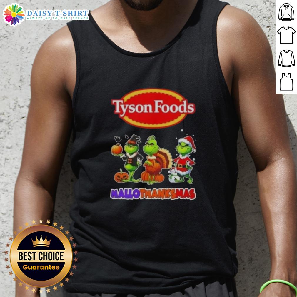 Hot Tyson Foods X Grinch cosplay tank top for Happy HalloThanksMas featuring festive design and vibrant colors.