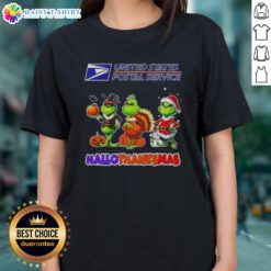 Alt Text: Hot USPS X Grinch cosplay ladies tee for Happy HalloThanksMas celebration, featuring festive graphics and vibrant colors.