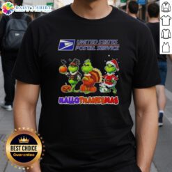Hot USPS x Grinch Cosplay Happy Hallothanksmas T-Shirt featuring festive design for the holiday season.