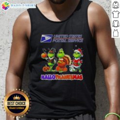 Hot USPS X Grinch cosplay tank top for Happy HalloThanksMas celebration, featuring festive colors and playful design.