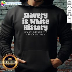 Hot Van Lathan Jr. wearing a 'Slavery Is White History' hoodie, promoting social awareness and discussion on race.
