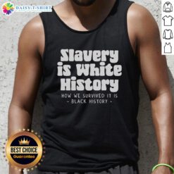 Hot Van Lathan Jr. wearing 'Slavery Is White History' tank top, promoting awareness on historical narratives and racial issues.