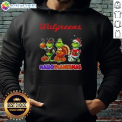 Hot Walgreens X Grinch Cosplay Happy HalloThanksMas hoodie featuring festive design for holiday celebrations.
