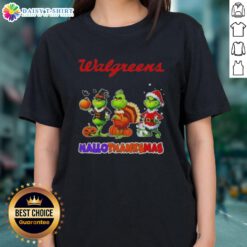 Hot Walgreens X Grinch Cosplay Happy HalloThanksMas Ladies Tee featuring festive design and vibrant colors for holiday celebrations.