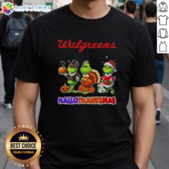 Hot Walgreens X Grinch Cosplay Happy Hallothanksmas T-Shirt featuring festive design and vibrant colors for holiday celebrations.