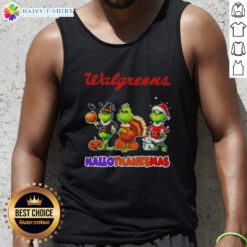 Hot Walgreens x Grinch cosplay tank top for Happy HalloThanksMas featuring festive design and vibrant colors.