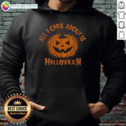 Cozy Nice All I Care About Is Halloween Pumpkin Hoodie in vibrant orange, perfect for festive fall celebrations.