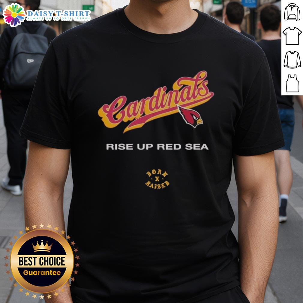 Nice Arizona Cardinals Born X Raised Rise Up Red Sea T-Shirt featuring bold team graphics in vibrant red for fans.