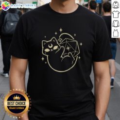 Alt Text: Nice magical black cat D20 T-shirt featuring a whimsical design of a cat and dice, perfect for gamers and cat lovers.