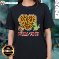 Graphic ladies tee featuring a dinosaur enjoying pizza and a loaf of bread, perfect for quirky food lovers.