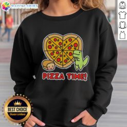 Alt Text: Graphic sweatshirt featuring a dinosaur enjoying pizza and a loaf of bread, perfect for quirky fashion lovers.