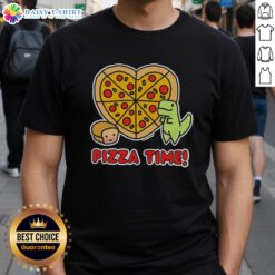 Colorful graphic T-shirt featuring a dinosaur enjoying pizza and a loaf of bread, perfect for food lovers and dino fans.