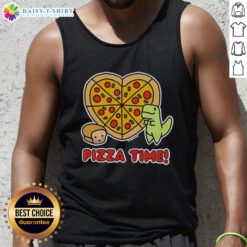 Graphic tank top featuring a dinosaur enjoying pizza and a loaf of bread, perfect for quirky fashion lovers.