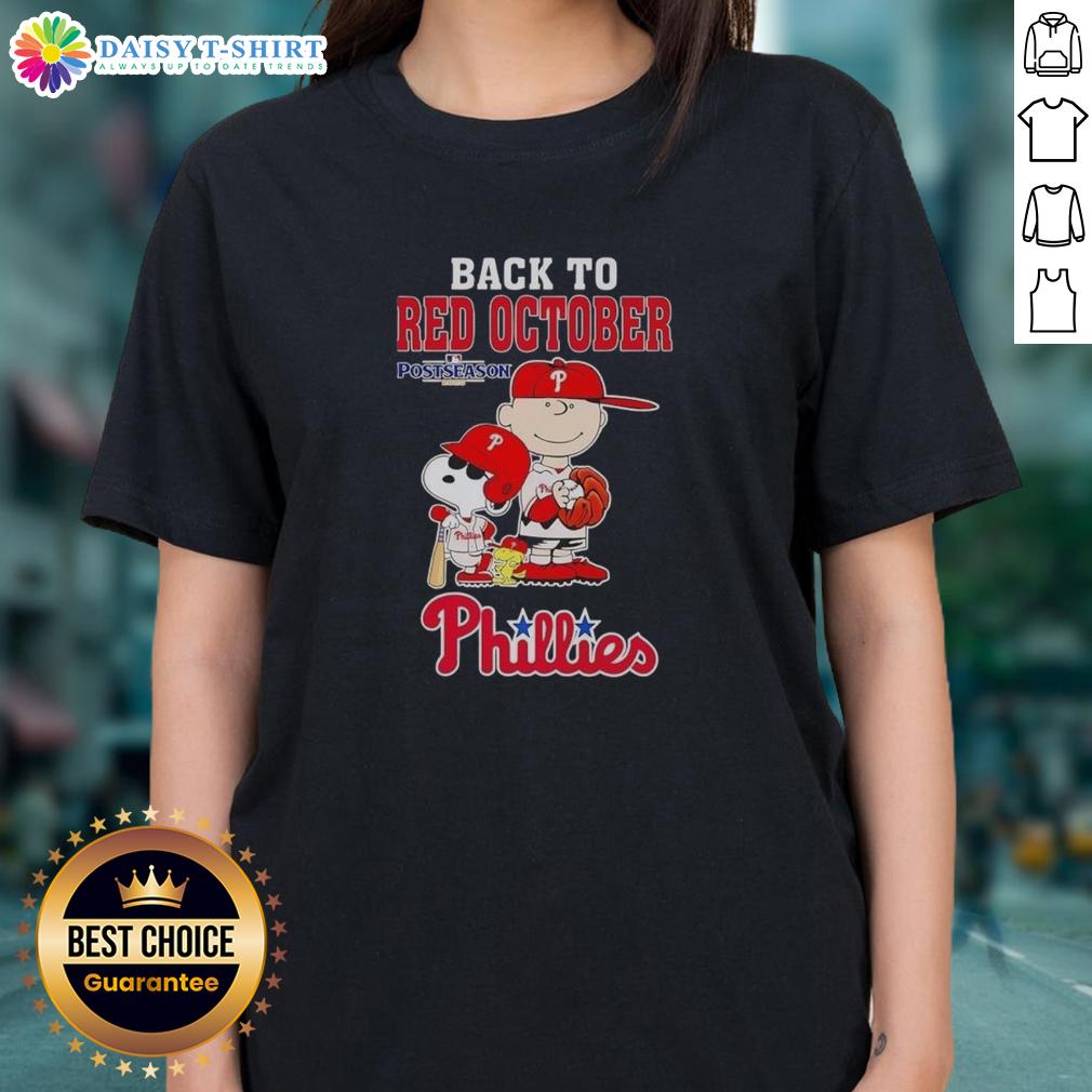 Nice Snoopy and Friends Philadelphia Phillies Back to Red October Postseason 2025 ladies tee featuring vibrant team graphics.