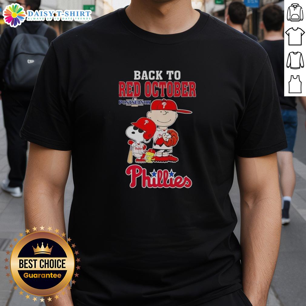 Alt Text: Snoopy and friends celebrate the Philadelphia Phillies in a Back To Red October Postseason 2025 T-Shirt design.