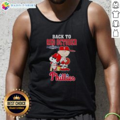Alt Text: Snoopy and friends in Phillies gear celebrate 'Back to Red October' 2025 on a stylish tank top.