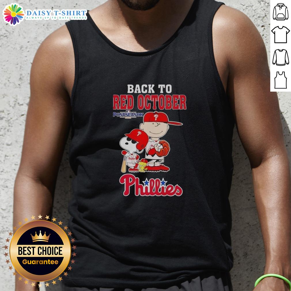 Alt Text: Snoopy and friends in Phillies gear celebrate 'Back to Red October' 2025 on a stylish tank top.
