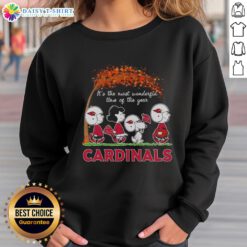 Alt Text: Snoopy and friends in St. Louis Cardinals sweatshirt, celebrating autumn with the phrase 'It's The Most Wonderful Time of The Year.'