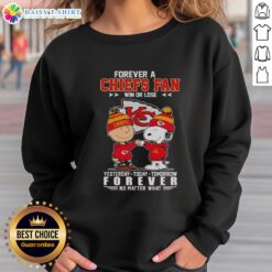 Snoopy and Charlie Brown graphic on 'Forever a Chiefs Fan' sweatshirt, perfect for fans of football and Peanuts.