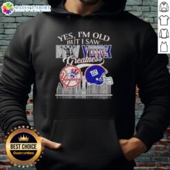 Alt Text: Vintage hoodie featuring New York Yankees and Giants greatness with a skyline design, perfect for sports fans.