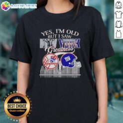 Vintage New York Yankees and Giants skyline ladies tee celebrating sports greatness and nostalgia for fans.