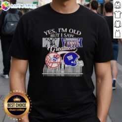 Alt Text: Nostalgic T-shirt featuring New York Yankees and Giants greatness with skyline design, perfect for fans of both teams.