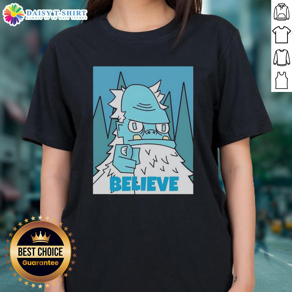 Official Abominable Snowman Believe Ladies Tee featuring a fun graphic design for winter enthusiasts.