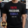Official Faith Freedom Family Charlie Kirk T-Shirt featuring bold graphics and inspiring message for patriots and supporters.