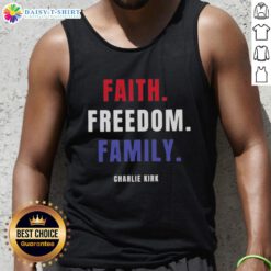 Charlie Kirk wearing an Official Faith Freedom Family tank top at a public event, promoting conservative values.