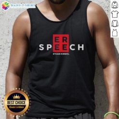 Alt Text: Jimmy Kimmel wearing an Official Free Speech Support tank top, promoting free speech and comedy activism.